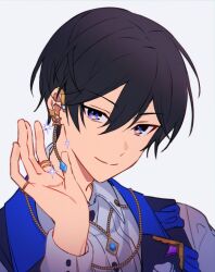 Rule 34 | 1boy, black hair, blue eyes, buttons, closed mouth, commentary request, double-parted bangs, earrings, ensemble stars!, hair between eyes, hand up, hidaka hokuto, jewelry, koori (superumaice), long sleeves, looking at viewer, male focus, official alternate costume, ring, short hair, simple background, smile, solo, sparkle, split mouth, upper body