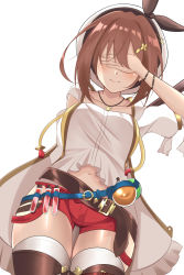 Rule 34 | 1girl, arm behind back, arm up, atelier (series), atelier ryza, atelier ryza 1, belt, belt buckle, black footwear, blush, boots, bracelet, breasts, brown hair, buckle, cape, collarbone, covering own eyes, cowboy shot, detached sleeves, dutch angle, from below, gekka (luna gekka), hair ornament, hairclip, hat, highres, hip vent, jewelry, knee boots, medium breasts, necklace, orb, puffy short sleeves, puffy sleeves, red shorts, reisalin stout, shirt, short hair, short shorts, short sleeves, shorts, smile, solo, standing, star (symbol), star necklace, test tube, thigh gap, thighhighs, white cape, white hat, white shirt, white thighhighs