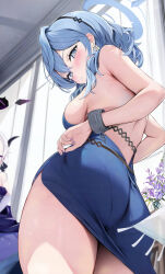 Rule 34 | 1girl, ako (blue archive), ako (dress) (blue archive), ass, bare shoulders, blue archive, blue dress, blue eyes, blue hair, blush, breasts, dress, halo, highres, hina (blue archive), hina (dress) (blue archive), houraku, large breasts, looking at viewer, looking back, medium hair, official alternate costume, pantylines, sideboob, solo