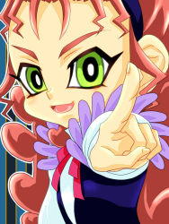Rule 34 | 1girl, bow, green eyes, grin, hair bow, hochun mieru, jewelry, long hair, looking at viewer, open mouth, pendant, pointing, pointing at viewer, red hair, smile, solo, yu-gi-oh!, yu-gi-oh! arc-v