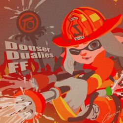 Rule 34 | 1other, ambiguous gender, commentary request, douser dualies (splatoon), firefighter, gloves, grey background, grey eyes, grey hair, helmet, highres, inkling, inkling player character, long hair, nintendo, one eye closed, open mouth, oystianmori, parted lips, pointy ears, red headwear, signature, splatoon (series), splatoon 3, tentacle hair, thick eyebrows, weapon name, white gloves