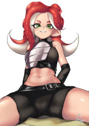 Rule 34 | 1girl, absurdres, armor, arms behind back, artist name, bad id, bad pixiv id, belt, bike shorts, black belt, black gloves, black shirt, black shorts, breastplate, cephalopod eyes, commentary, crop top, elbow gloves, gloves, green eyes, grin, guchi (tako undead), highres, long hair, looking at viewer, midriff, nintendo, pointy ears, red hair, shirt, short shorts, shorts, signature, simple background, sitting, sleeveless, sleeveless shirt, smile, solo, splatoon (series), splatoon 2, spread legs, suction cups, takozonesu, tentacle hair, thighs, white background