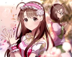 Rule 34 | ahoge, bear hair ornament, blurry, blurry foreground, blush, braid, breasts, brown-framed eyewear, brown eyes, brown hair, cleavage, closed mouth, dot nose, dress, falling petals, freckles, frilled dress, frills, glasses, green skirt, hair ornament, hands up, headband, ich., idolmaster, idolmaster cinderella girls, idolmaster cinderella girls starlight stage, layered sleeves, lens flare, light particles, long hair, looking at another, looking at viewer, medium breasts, multiple views, okuyama saori, petals, red dress, red headband, red wristband, short sleeves, skirt, smile, sparkle, twin braids, twintails, two-tone shirt