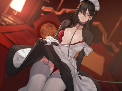 Rule 34 | 1girl, apron, black dress, black gloves, black hair, blush, bra, breasts, clothes lift, collar, collarbone, dress, dress lift, earrings, garter straps, gloves, hair between eyes, hayabusa, jewelry, large breasts, leash, lifted by self, long hair, long sleeves, looking at viewer, mole, mole on breast, mole under eye, on bed, original, panties, red bra, red eyes, red panties, sitting, solo, suggestive fluid, thighhighs, thighs, underwear, viewer holding leash, white apron, white thighhighs, wrist cuffs