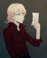 Rule 34 | 10s, 1boy, bad id, bad pixiv id, barnaby brooks jr., blonde hair, blue eyes, gradient background, jacket, jewelry, male focus, necklace, paper, red jacket, short hair, solo, tiger &amp; bunny, u (mypace)