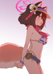Rule 34 | 1girl, animal ear fluff, animal ears, arms behind back, bikini, blue archive, breasts, brown hair, cowboy shot, denim, denim shorts, fox ears, fox girl, fox tail, from side, gradient background, hair ornament, halo, highres, izuna (blue archive), izuna (swimsuit) (blue archive), looking to the side, medium breasts, navel, open clothes, open mouth, open shorts, pom pom (clothes), pom pom hair ornament, red scarf, revision, scarf, short shorts, shorts, solo, striped bikini, striped clothes, sumiyao (amam), swimsuit, tail, visor cap, yellow eyes
