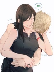 Rule 34 | 1boy, 1girl, apron, arm ribbon, bare shoulders, black hair, blonde hair, breasts, cloud strife, couple, crop top, closed eyes, final fantasy, final fantasy vii, final fantasy vii advent children, hand on another&#039;s head, highres, hug, hug from behind, jewelry, long hair, maiii (smaii i), ribbon, ring, simple background, sleeveless, spiked hair, tank top, tifa lockhart, upper body, waist apron
