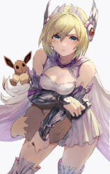 Rule 34 | 1girl, alternate costume, bare shoulders, blonde hair, blue eyes, blush, boots, breasts, cleavage, closed mouth, commentary, creatures (company), detached sleeves, eevee, eyelashes, game freak, gen 1 pokemon, hair between eyes, highres, holding, irida (pokemon), jojobirdz, looking at viewer, medium breasts, nintendo, pokemon, pokemon (creature), pokemon legends: arceus, short hair, thigh boots, white background