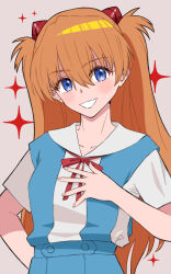 Rule 34 | 1girl, artist request, breasts, brown hair, cowboy shot, grin, hair between eyes, hair ornament, hand on own chest, hand on own hip, highres, interface headset, long hair, neon genesis evangelion, school uniform, skirt, small breasts, smile, solo, souryuu asuka langley, standing, suspender skirt, suspenders, tokyo-3 middle school uniform, two side up, very long hair