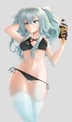 Rule 34 | 1girl, alternate costume, aqua hair, arm behind head, bikini, black bikini, black gloves, blue eyes, breasts, closed mouth, collarbone, commentary, english commentary, feet out of frame, food, girls&#039; frontline, gloves, hair ribbon, highres, holding, holding food, ice cream, lezard18, long hair, looking away, medium breasts, navel, pa-15 (girls&#039; frontline), ribbon, simple background, solo, standing, swimsuit, thighhighs, twintails, white thighhighs