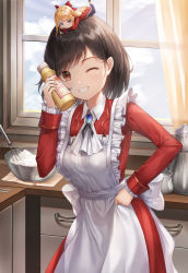 Rule 34 | 2girls, apron, black hair, blonde hair, blue eyes, blush, bottle, bowl, brooch, brown eyes, character request, chibi, chibi on head, claire francois, collared shirt, commentary request, cream, curtains, day, frilled apron, frills, grin, hand on own hip, highres, holding, holding bottle, indoors, jacket, jewelry, kitchen, long hair, lunacle, maid apron, mini person, minigirl, multiple girls, on head, one eye closed, red jacket, red skirt, rae taylor, ringlets, shirt, skirt, smile, standing, transparent, very long hair, watashi no oshi wa akuyaku reijou, whisk, white apron, white neckwear, white shirt, window
