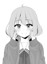 Rule 34 | 1girl, ahoge, bad id, bad pixiv id, blush, cardigan, closed mouth, commentary request, greyscale, hair between eyes, hands on own face, hands up, highres, kuriyama mirai, kyoukai no kanata, long sleeves, looking at viewer, mamel 27, monochrome, neck ribbon, no eyewear, open cardigan, open clothes, ribbon, sailor collar, school uniform, serafuku, shirt, simple background, sleeves past wrists, smile, solo, upper body, white background