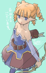 Rule 34 | 1girl, archer (disgaea), bare shoulders, belt, blonde hair, blue eyes, breasts, detached sleeves, disgaea, dress, drill hair, highres, long hair, looking at viewer, makai senki disgaea 3, open mouth, oyster (artist), pantyhose, pointy ears, simple background, small breasts, solo, twin drills, twintails