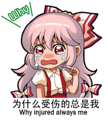 Rule 34 | 1girl, blush, bow, chibi, chinese text, collared shirt, crying, english text, engrish text, fujiwara no mokou, hair bow, injury, jokanhiyou, long hair, meme, multi-tied hair, nose blush, open mouth, pain, pink hair, pointing, pointing at self, puffy short sleeves, puffy sleeves, ranguage, red eyes, shirt, short sleeves, simple background, simplified chinese text, solo, suspenders, teardrop, tears, text focus, touhou, translation request, upper body, very long hair, wavy mouth, white background, white bow, white hair, wing collar