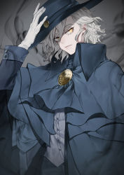 Rule 34 | 1boy, aura, cape, collared shirt, edmond dantes (fate), fate/grand order, fate (series), formal, gloves, green cape, green hat, green jacket, green pants, grey background, grey shirt, hat, highres, jacket, long sleeves, looking to the side, male focus, medium hair, pants, sava (sava 023), shirt, silver hair, simple background, solo, suit, white gloves, wing collar, yellow eyes