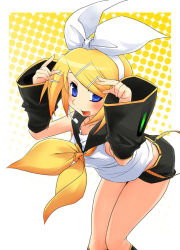 Rule 34 | 1girl, bent over, blonde hair, crossover, detached sleeves, hermmy, kagamine rin, leaning forward, legs, parody, shorts, solo, vocaloid