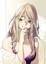 Rule 34 | 1girl, bare shoulders, blanket, blonde hair, blush, bra, breasts, collarbone, covering own mouth, curtains, eyelashes, hair between eyes, hand on own face, highres, long hair, looking at viewer, original, purple bra, purple eyes, smile, solo, stomach, sunlight, underwear, usazaki shiro