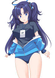 Rule 34 | 1girl, black shirt, blue archive, blue buruma, blue eyes, blue jacket, breasts, buruma, gym shirt, halo, highres, jacket, large breasts, long hair, looking at viewer, official alternate costume, open mouth, shirt, short sleeves, simple background, solo, standing, t2r, thighs, track jacket, two side up, white background, yuuka (blue archive), yuuka (track) (blue archive)