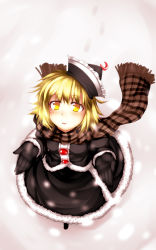 Rule 34 | 1girl, black gloves, blonde hair, female focus, gloves, hat, highres, kazetto, lunasa prismriver, outstretched hand, plaid, plaid scarf, scarf, shirt, short hair, skirt, skirt set, snow, snowing, solo, touhou, trail, yellow eyes
