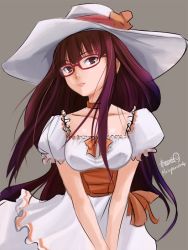 Rule 34 | 1girl, bad id, bad twitter id, blunt bangs, choker, closed mouth, collarbone, dress, glasses, grey background, haruhata mutsuki, hat, hat ribbon, long dress, long hair, looking at viewer, original, puffy short sleeves, puffy sleeves, red-framed eyewear, red eyes, red hair, ribbon, short sleeves, simple background, solo, standing, sun hat, upper body, v arms, white dress, white hat