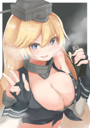 Rule 34 | 1girl, blonde hair, blue eyes, breasts, cleavage, commentary request, elbow gloves, electronic cigarette, fingerless gloves, front-tie top, gloves, hair between eyes, headgear, highres, iowa (kancolle), kantai collection, large breasts, looking at viewer, open mouth, sashimi0gou, smile, smoke, solo, star-shaped pupils, star (symbol), symbol-shaped pupils, upper body, v, vaping