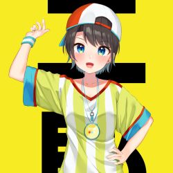 Rule 34 | 1girl, :d, arm up, backwards hat, baseball cap, black hair, blue eyes, blush, collarbone, hand on own hip, hat, hololive, k mugura, oozora subaru, oozora subaru (1st costume), open mouth, red hat, shirt, short sleeves, smile, solo, stopwatch, striped clothes, striped shirt, sweatband, v-shaped eyebrows, vertical-striped clothes, vertical-striped shirt, virtual youtuber, watch, wide sleeves, wristband, yellow background, yellow shirt