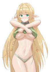 Rule 34 | 10s, 1girl, absurdres, blonde hair, blush, braid, breasts, cbmus, collar, crop top, elf, green eyes, green panties, highres, huge breasts, isekai maou to shoukan shoujo no dorei majutsu, lifting own clothes, long hair, looking at viewer, metal collar, navel, no bra, panties, pointy ears, shera l. greenwood, simple background, solo, standing, underboob, underwear, undressing, white background