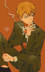 Rule 34 | 1boy, absurdres, black footwear, black jacket, black pants, brown background, cigarette, cigarette pack, closed mouth, collared shirt, highres, holding, holding cigarette, jacket, long sleeves, male focus, mob psycho 100, neckerchief, necktie, orange hair, pants, red neckerchief, reigen arataka, shirt, shoes, signature, simple background, sitting, smoking, solo, white shirt, zikko 100