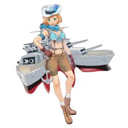 Rule 34 | aircraft, airplane, anchor, biplane, blonde hair, blue scarf, boots, breasts, brown shorts, cannon, cleavage, cowboy hat, crop top, front-tie top, gloves, green eyes, hand on own hip, hat, looking at viewer, machinery, midriff, navel, official art, open mouth, salmon88, scarf, short hair, shorts, simple background, solo, turret, uss houston(victory belles), victory belles, white background
