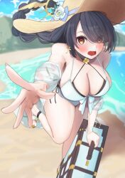 Rule 34 | 1girl, bag, beach, bikini, black bikini, black hair, blue archive, blush, breasts, cafenami, cleavage, criss-cross halter, floating hair, flower, foreshortening, hair over one eye, halterneck, hat, hat flower, hinata (blue archive), hinata (swimsuit) (blue archive), holding, holding bag, large breasts, long hair, looking at viewer, official alternate costume, one-piece swimsuit, outdoors, reaching, reaching towards viewer, red eyes, running, solo, straw hat, swept bangs, swimsuit, very long hair, white one-piece swimsuit