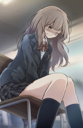 Rule 34 | 1girl, between legs, black jacket, black skirt, black socks, blush, bow, bowtie, breasts, brown eyes, brown hair, buttons, chair, classroom, closed mouth, collared shirt, embarrassed, female focus, hand between legs, have to pee, highres, indoors, jacket, kneehighs, knees together feet apart, leaning forward, long hair, long sleeves, looking down, matching hair/eyes, miniskirt, one eye closed, original, plaid, plaid bow, plaid bowtie, plaid neckwear, plaid skirt, pleated skirt, pocket, red bow, red bowtie, school chair, school uniform, shirt, sidelocks, sitting, skindentation, skirt, small breasts, socks, solo, unmoving pattern, v arms, watakarashi, wavy mouth, white shirt, wince
