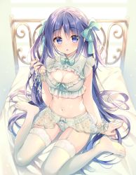 Rule 34 | 1girl, aqua bow, bare shoulders, blue eyes, blue hair, bow, bowtie, breasts, cleavage, garter straps, hair bow, holding, holding own hair, lingerie, long hair, looking at viewer, medium breasts, midriff, navel, no shoes, original, panties, parted lips, see-through, sidelocks, sitting, solo, suimya, thighhighs, twintails, underwear, very long hair, wariza, white thighhighs, wing collar, wrist cuffs