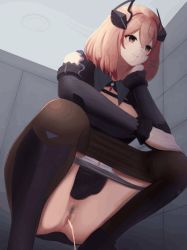 Rule 34 | 1girl, animated, animated gif, anus, azur lane, bathroom, black pantyhose, black shirt, black skirt, blush, breasts, brown eyes, brown hair, ceiling, cleavage, clothes pull, from below, hair ornament, head rest, headgear, large breasts, long sleeves, multicolored hair, oreon z, panties, panty pull, pantyhose, pantyhose pull, pee stain, peeing, pubic hair, pussy, red hair, roon (azur lane), shirt, short hair, skirt, smile, squatting, stained panties, streaked hair, toilet use, two-tone hair, uncensored, underwear, wall, wet, wet clothes, wet panties, white panties, x hair ornament