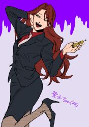 Rule 34 | 1girl, black footwear, black jacket, black skirt, blazer, breasts, collared shirt, commentary request, fingernail torture device, fishnet pantyhose, fishnets, foot out of frame, formal, genderswap, genderswap (mtf), grey eyes, hand on own cheek, hand on own face, ichijou seiya, jacket, kaiji, long hair, long sleeves, looking at viewer, medium breasts, necktie, office lady, open mouth, pantyhose, red hair, red shirt, shirt, skirt, smile, solo, standing, standing on one leg, suit, wataroux, white necktie