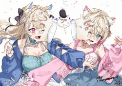 2girls absurdres animal_ear_fluff animal_ears bare_shoulders blonde_hair blue_eyes blue_hair blue_shirt breasts cleavage collarbone cowboy_shot cropped_shirt dog_ears dog_girl flat_chest fuwawa_abyssgard fuwawa_abyssgard_(casual) highres hololive hololive_english jacket large_breasts long_hair mizuhasi mococo_abyssgard mococo_abyssgard_(casual) multicolored_hair multiple_girls off_shoulder one_eye_closed perroccino_(fuwamoco) pink_eyes pink_hair pink_jacket shirt short_hair siblings sisters throwing_food twins two-tone_hair virtual_youtuber white_shirt