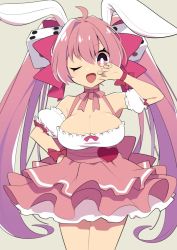 Rule 34 | 1girl, ahoge, animal ears, bare shoulders, breasts, choker, cleavage, di gi charat, dice, dice hair ornament, dress, frilled dress, frills, hair ornament, hair ribbon, heart, large breasts, long hair, mzh, one eye closed, open mouth, pink eyes, pink hair, pink neckwear, rabbit ears, ribbon, ribbon choker, simple background, solo, twintails, usada hikaru