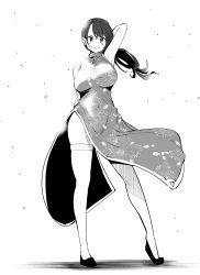Rule 34 | 1girl, absurdres, arm behind back, arm behind head, blush, breasts, china dress, chinese clothes, doyagao, dress, floating clothes, floating hair, floral print, full body, greyscale, highres, idolmaster, idolmaster cinderella girls, large breasts, looking at viewer, monochrome, nikumaru, pelvic curtain, ponytail, print dress, simple background, sleeveless, sleeveless dress, smile, smug, solo, thighhighs, yamato aki