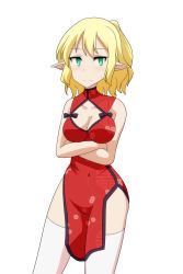 Rule 34 | 1girl, alternate costume, arms under breasts, bare arms, blonde hair, breasts, cato (monocatienus), china dress, chinese clothes, cleavage, cleavage cutout, clothing cutout, collarbone, commentary request, contrapposto, cowboy shot, crossed arms, dress, floral print, green eyes, grimace, highres, impossible clothes, impossible dress, jitome, light blush, looking at viewer, medium breasts, mizuhashi parsee, pointy ears, red dress, short hair, short ponytail, simple background, solo, standing, sweatdrop, thighhighs, touhou, unmoving pattern, white background, white thighhighs