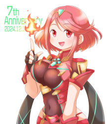 1girl :d absurdres anniversary aogaeru_(pixiv46613656) black_gloves breasts circlet commentary copyright_name covered_navel cowboy_shot dated dot_nose earrings fingerless_gloves fire floating_earring gem gloves green_gemstone highres index_finger_raised jewelry large_breasts looking_at_viewer open_mouth pyra_(xenoblade) pyrokinesis red_eyes red_hair short_hair simple_background skindentation smile solo white_background xenoblade_chronicles_(series) xenoblade_chronicles_2