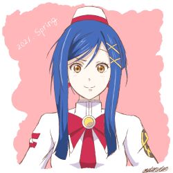 Rule 34 | 1girl, aika granzchesta, andanden, aria (manga), blue hair, blush, bow, bowtie, brown eyes, closed mouth, dated, earrings, hair ornament, highres, himeya company uniform, jewelry, looking at viewer, parted bangs, pink background, red bow, red bowtie, red headwear, sidelocks, signature, smile, solo, swept bangs, upper body, white headwear, x hair ornament