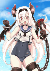 Rule 34 | 1girl, :d, abyssal ship, air defense princess, anchor, bad id, bad pixiv id, bare shoulders, black gloves, blood, blush, breasts, chain, cloud, collar, colored skin, cosplay, covered navel, crop top, day, gloves, hair between eyes, hair ornament, hairband, heart, horns, kantai collection, long hair, looking at viewer, old school swimsuit, onaya masakazu, one-piece swimsuit, open mouth, red eyes, ro-500 (kancolle) (cosplay), ro-500 (kancolle), sailor collar, school swimsuit, school uniform, serafuku, small breasts, smile, solo, swimsuit, swimsuit under clothes, very long hair, water, white hair, white skin