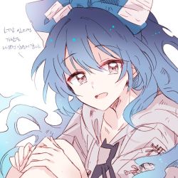 Rule 34 | 1girl, 6 (yuchae), blue hair, bow, debt, hair bow, hood, hoodie, korean text, long hair, open mouth, smile, solo, stuffed animal, stuffed cat, stuffed toy, touhou, translation request, very long hair, yorigami shion