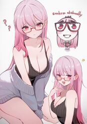 1girl :3 ? ?? absurdres bare_shoulders bespectacled black_camisole breasts camisole cardigan cleavage commentary glasses grey_cardigan hair_between_eyes highres hololive hololive_english koahri large_breasts long_hair looking_at_viewer mori_calliope multiple_views off_shoulder open_mouth pink_eyes pink_hair red-framed_eyewear semi-rimless_eyewear simple_background smile striped_clothes vertical-striped_clothes virtual_youtuber white_background