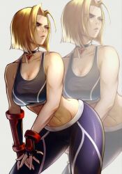 1girl bare_shoulders blonde_hair breasts cammy_white crop_top highres large_breasts lips pants ponii short_hair sleeveless street_fighter street_fighter_6