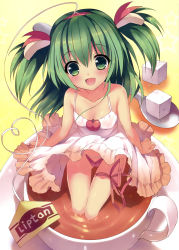 Rule 34 | 1girl, :d, absurdres, bare shoulders, barefoot, blush, brand name imitation, breasts, cleavage, clothes lift, cup, dengeki moeou, dress, dress lift, green eyes, green hair, hairband, heart, heart of string, highres, leg ribbon, liptan, looking at viewer, matching hair/eyes, nemunemu (candy paddle), open mouth, panties, partially submerged, personification, pink panties, ribbon, scan, sitting, small breasts, smile, solo, spoon, string panties, sugar cube, tea, teabag, teacup, thigh ribbon, two side up, underwear, white dress