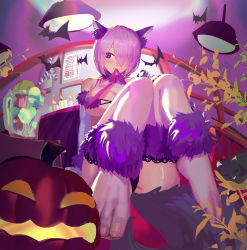 Rule 34 | 1girl, animal ears, bad id, bad pixiv id, bare shoulders, blush, breasts, cleavage, elbow gloves, fate/grand order, fate (series), feet, fur-trimmed gloves, fur-trimmed legwear, fur collar, fur trim, gloves, hair over one eye, halloween costume, highres, jack-o&#039;-lantern, knees together feet apart, knees up, lace, lace-trimmed legwear, lace trim, large breasts, light purple hair, looking to the side, mash kyrielight, mash kyrielight (dangerous beast), o-ring, official alternate costume, pumpkin, purple eyes, purple gloves, purple legwear, revealing clothes, short hair, sitting, tail, toes, tseng-en, wolf ears, wolf tail
