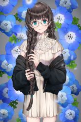 Rule 34 | 1girl, black-framed eyewear, black jacket, blue flower, blunt bangs, blush, braid, brown hair, cleavage cutout, closed mouth, clothing cutout, commentary request, cowboy shot, dress, flower, flower request, glasses, grey background, hair tie, head tilt, highres, jacket, long hair, long sleeves, nemophila (flower), off shoulder, open clothes, open jacket, original, playing with own hair, round eyewear, short sleeves, smile, solo, standing, tareme, twin braids, unzipped, usamochi., very long hair, white dress, zipper
