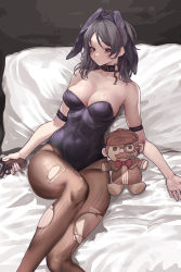 Rule 34 | 1girl, absurdres, animal ears, arm strap, bare shoulders, bed sheet, black eyes, black hair, black hoodie, black leotard, breasts, brown pantyhose, buckle, chroong, cleavage, closed mouth, collar, commentary request, doll, fake animal ears, feet out of frame, gun, highres, holding, holding gun, holding weapon, hood, hoodie, knee up, korean commentary, large breasts, leotard, long hair, looking at viewer, on bed, original, pantyhose, pillow, playboy bunny, rabbit ears, sitting, solo, strapless, strapless leotard, torn clothes, torn pantyhose, weapon