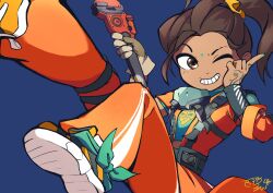 Rule 34 | 1girl, animification, apex legends, blue background, blue shirt, brown eyes, brown gloves, brown hair, dark-skinned female, dark skin, gloves, henna, holding, holding wrench, jumpsuit, looking to the side, mole, nose piercing, nose ring, one eye closed, orange jumpsuit, piercing, pointing, print shirt, problem solver (apex legends), rampart (apex legends), shirt, shoes, side ponytail, single glove, smile, sneakers, solo, suru melon, wrench, yellow footwear