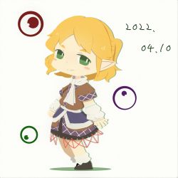 Rule 34 | 1girl, arm warmers, black footwear, black skirt, blonde hair, blush, brown shirt, chibeany, chibi, closed mouth, commentary request, dated, full body, green eyes, half updo, highres, looking at viewer, mary janes, mizuhashi parsee, pointy ears, scarf, shirt, shoes, short hair, short ponytail, short sleeves, simple background, skirt, smile, socks, solo, touhou, white background, white scarf, white socks